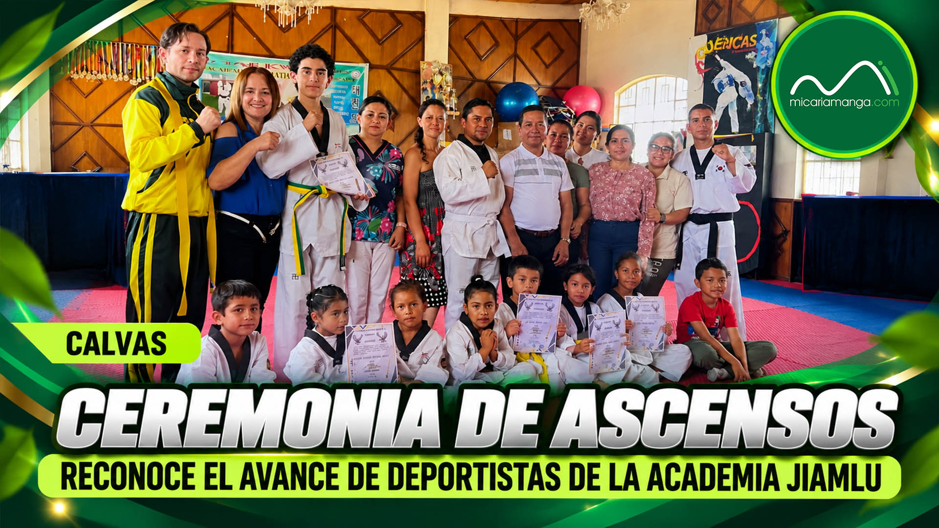 Deportistas de la Academia de Taekwondo JIAMLU durante la ceremonia de ascensos en Calvas