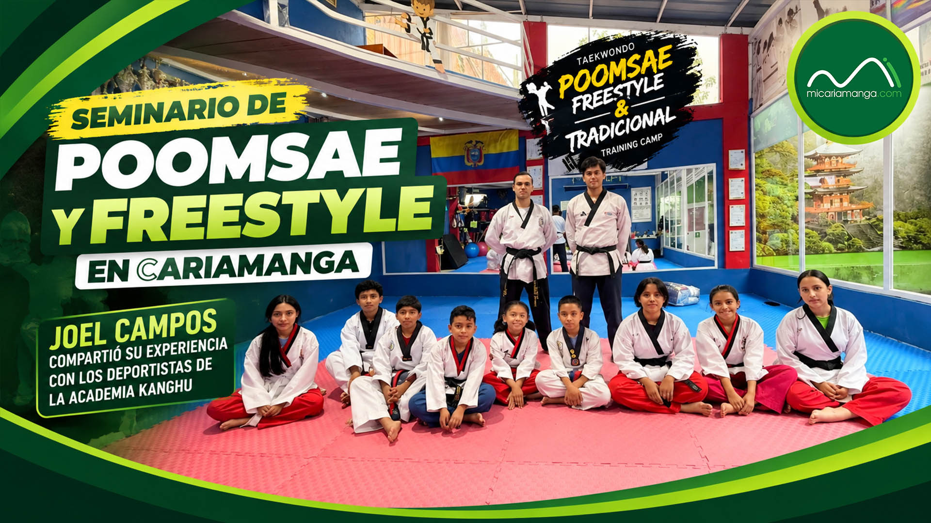 Joel Campos durante seminario de Poomsae y Freestyle con deportistas de Academia Kanghu en Cariamanga