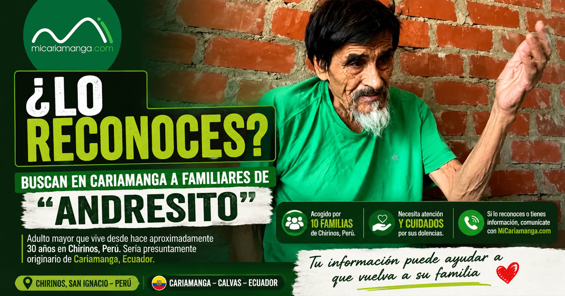 Andresito, adulto mayor residente en Chirinos, Perú, cuyos familiares son buscados en Cariamanga