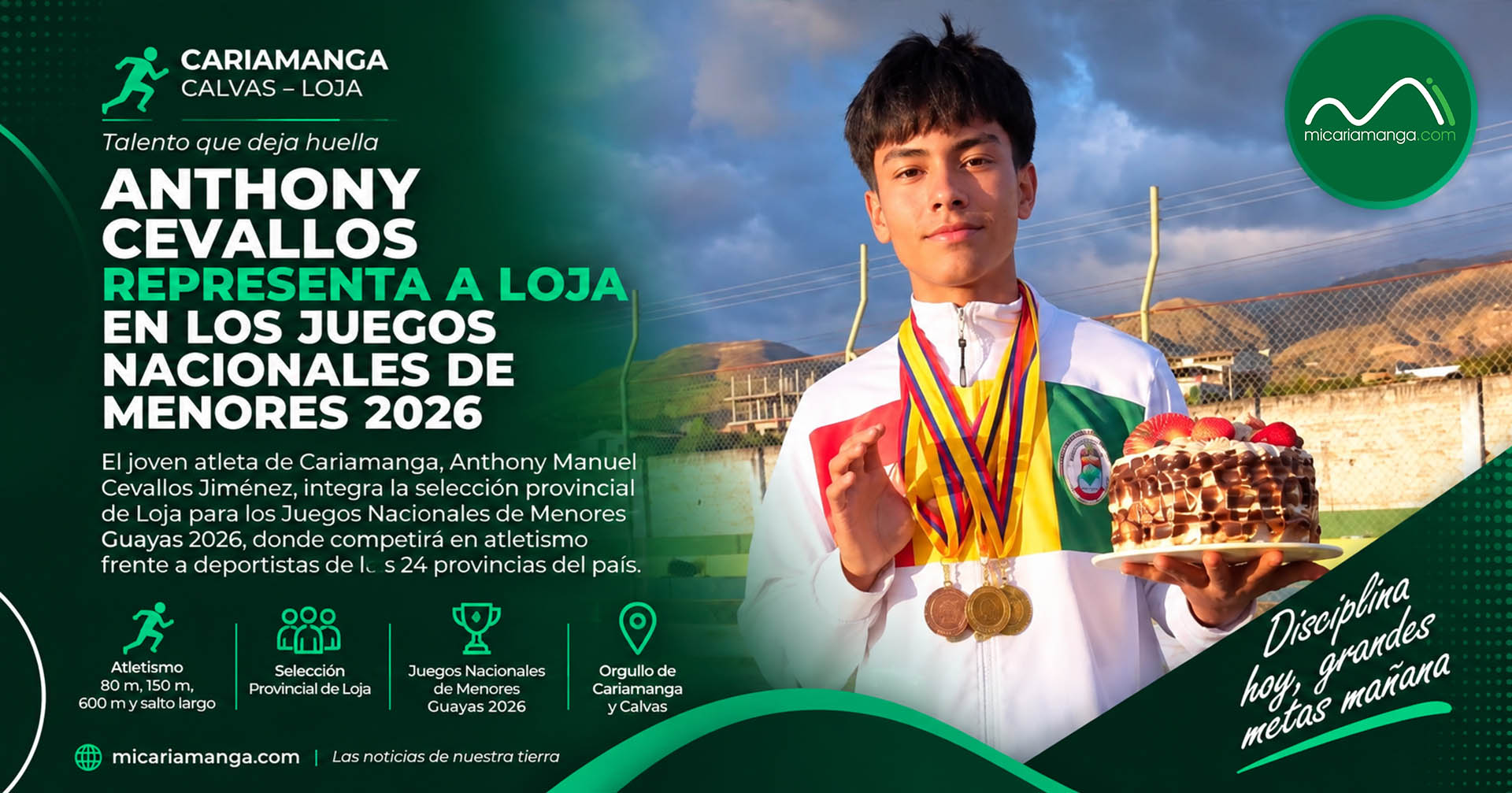 Anthony Manuel Cevallos Jiménez atleta de Cariamanga seleccionado de Loja para los Juegos Nacionales de Menores 2026