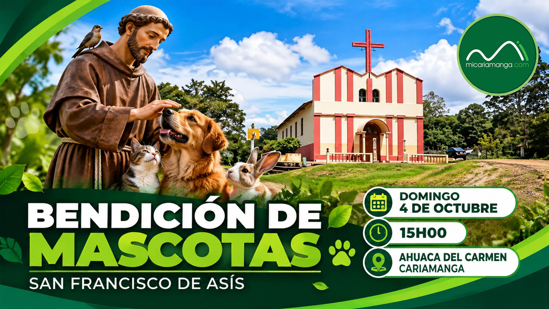 Invitación a misa y bendición de mascotas por San Francisco de Asís en Ahuaca del Carmen, Cariamanga