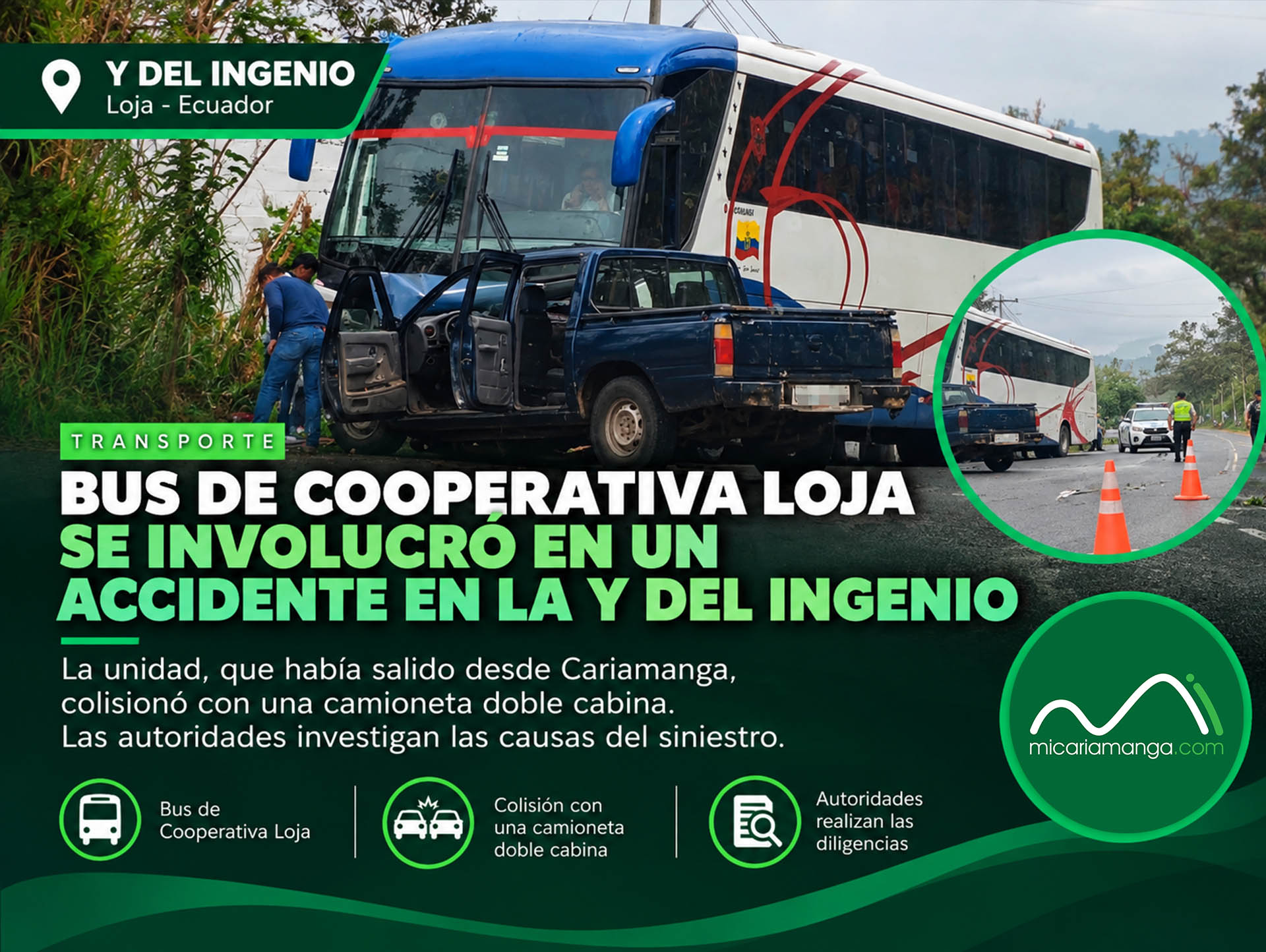 Bus de Cooperativa Loja involucrado en accidente de tránsito en el sector Y del Ingenio