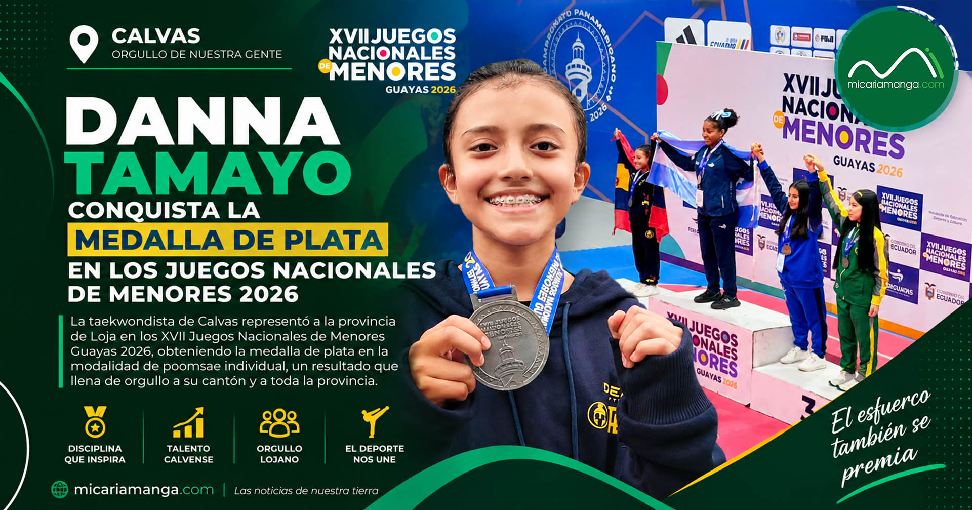 Danna Tamayo medallista de plata en poomsae en los Juegos Nacionales de Menores Guayas 2026