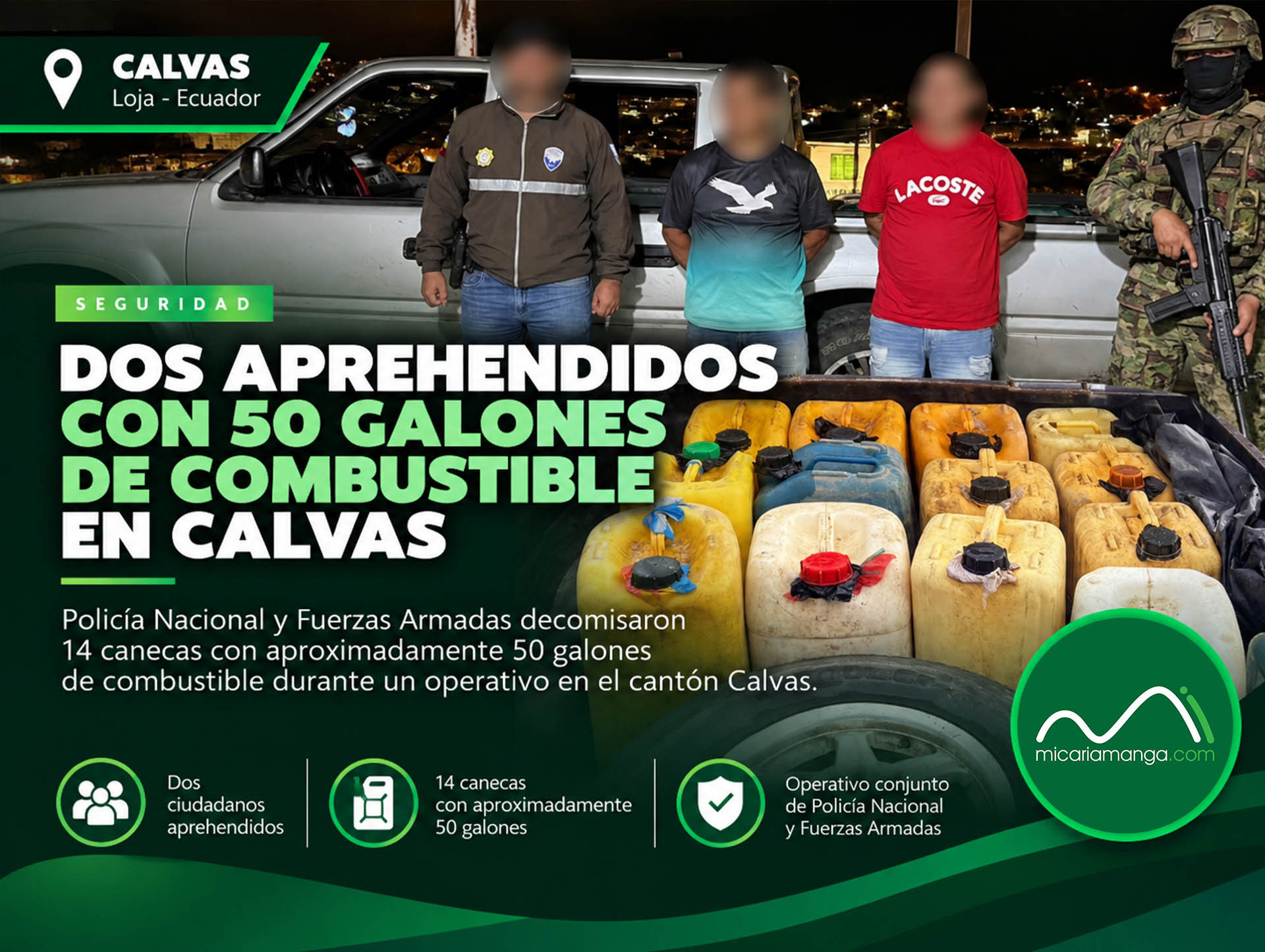 Operativo conjunto de Policía Nacional y Fuerzas Armadas por presunto transporte ilegal de combustible en Calvas