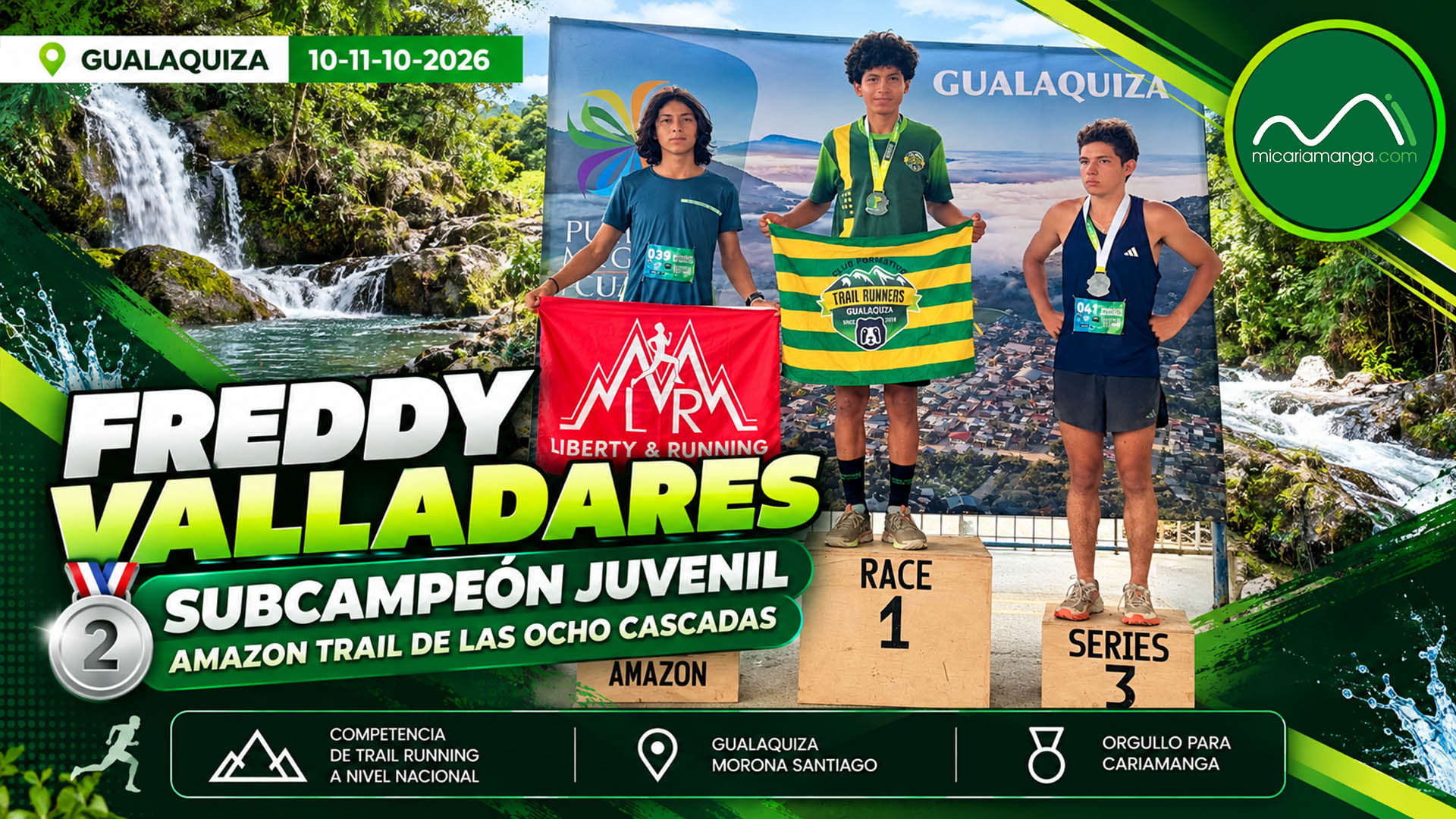 Freddy Valladares, integrante de Liberty & Running de Cariamanga, obtiene el segundo lugar juvenil en el Amazon Trail de las Ocho Cascadas 2026.