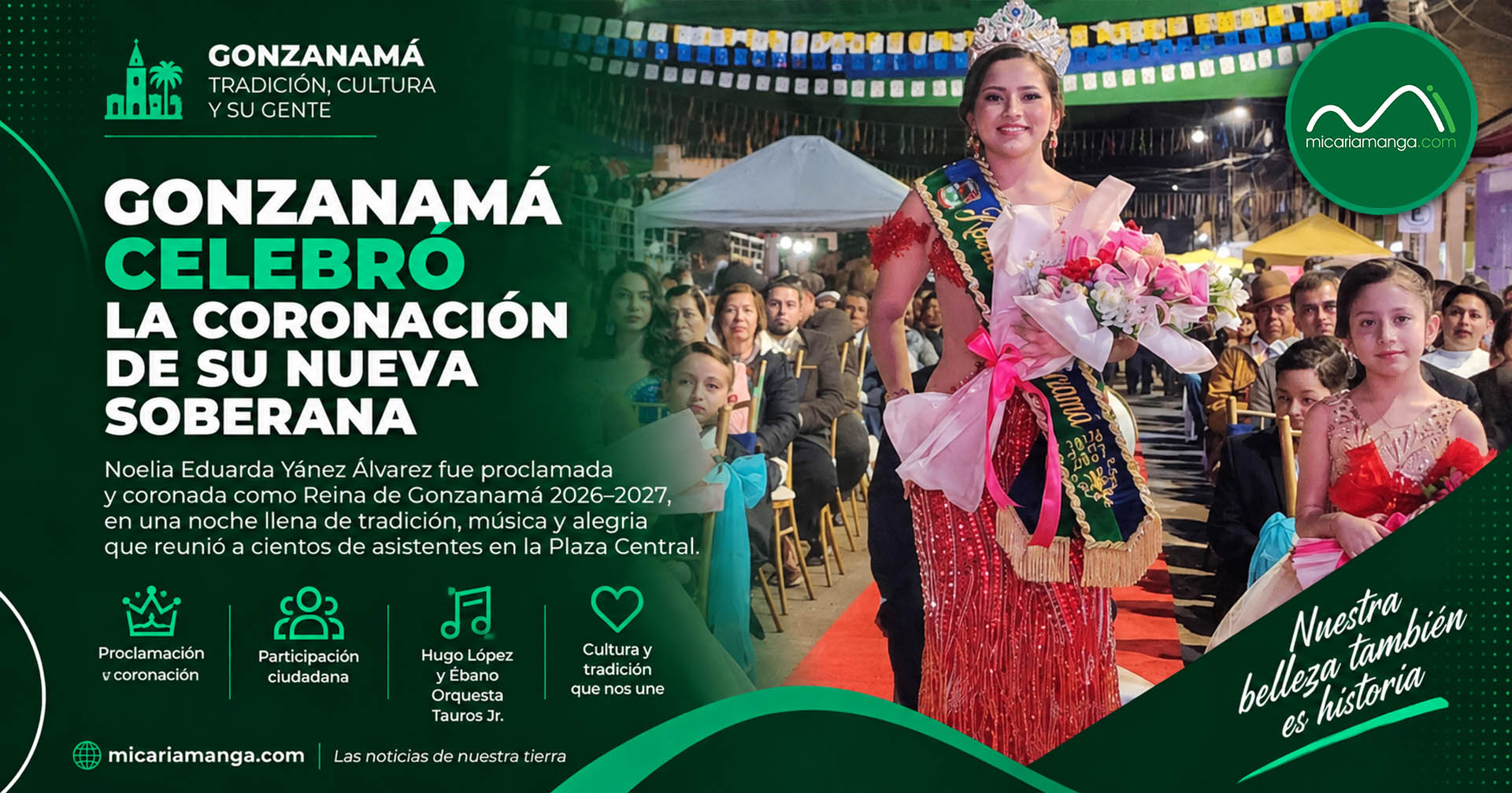 Noelia Eduarda Yánez Álvarez durante su proclamación y coronación como Reina de Gonzanamá 2026-2027
