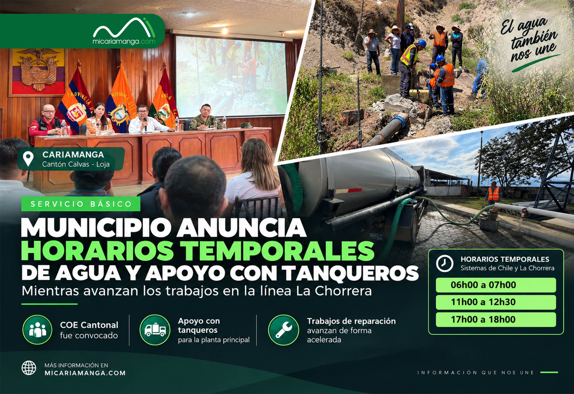 Municipio anuncia horarios temporales de agua y apoyo con tanqueros mientras reparan La Chorrera