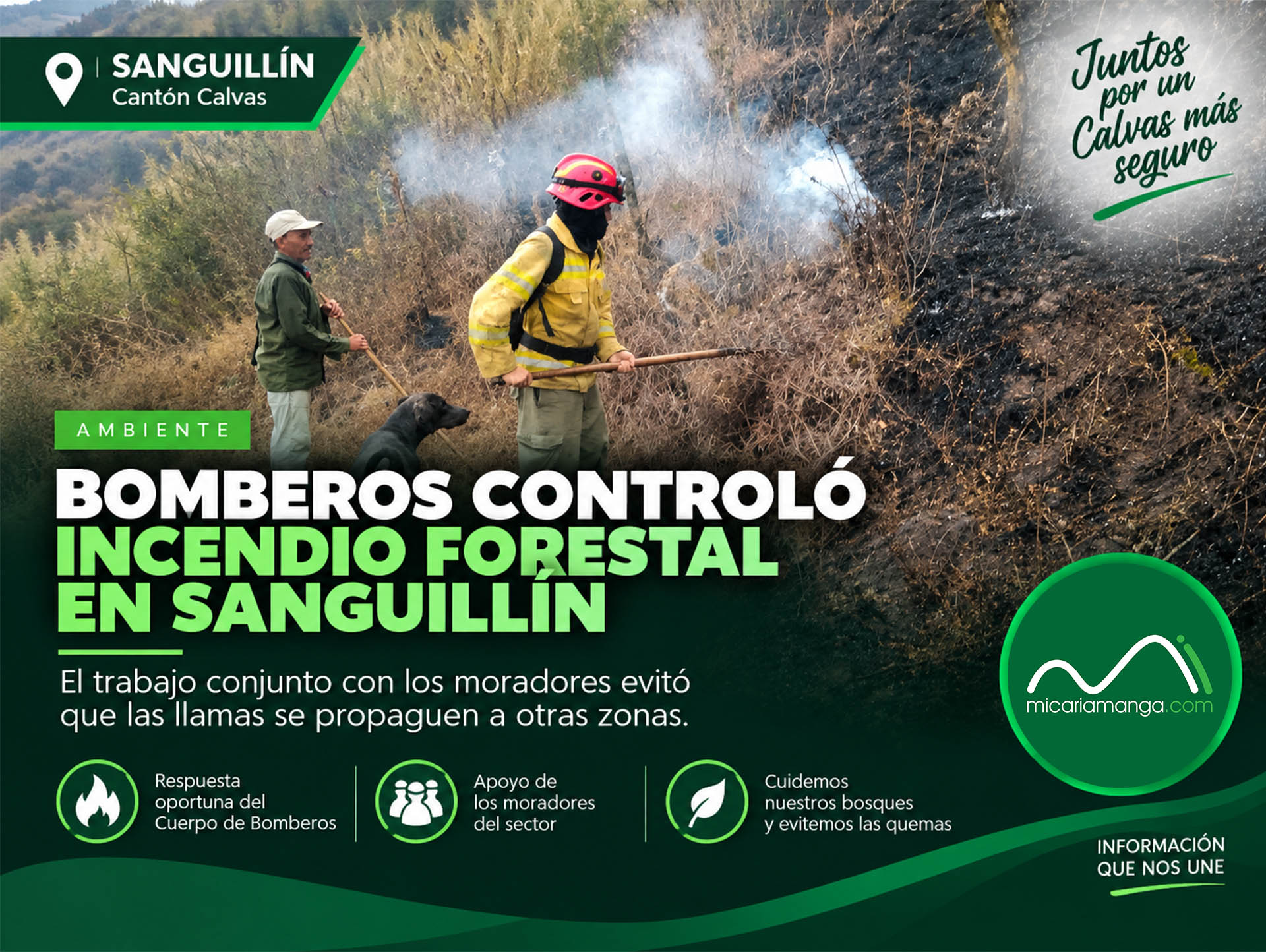 Bomberos y moradores trabajan en el incendio forestal registrado en Sununga, parroquia Sanguillín