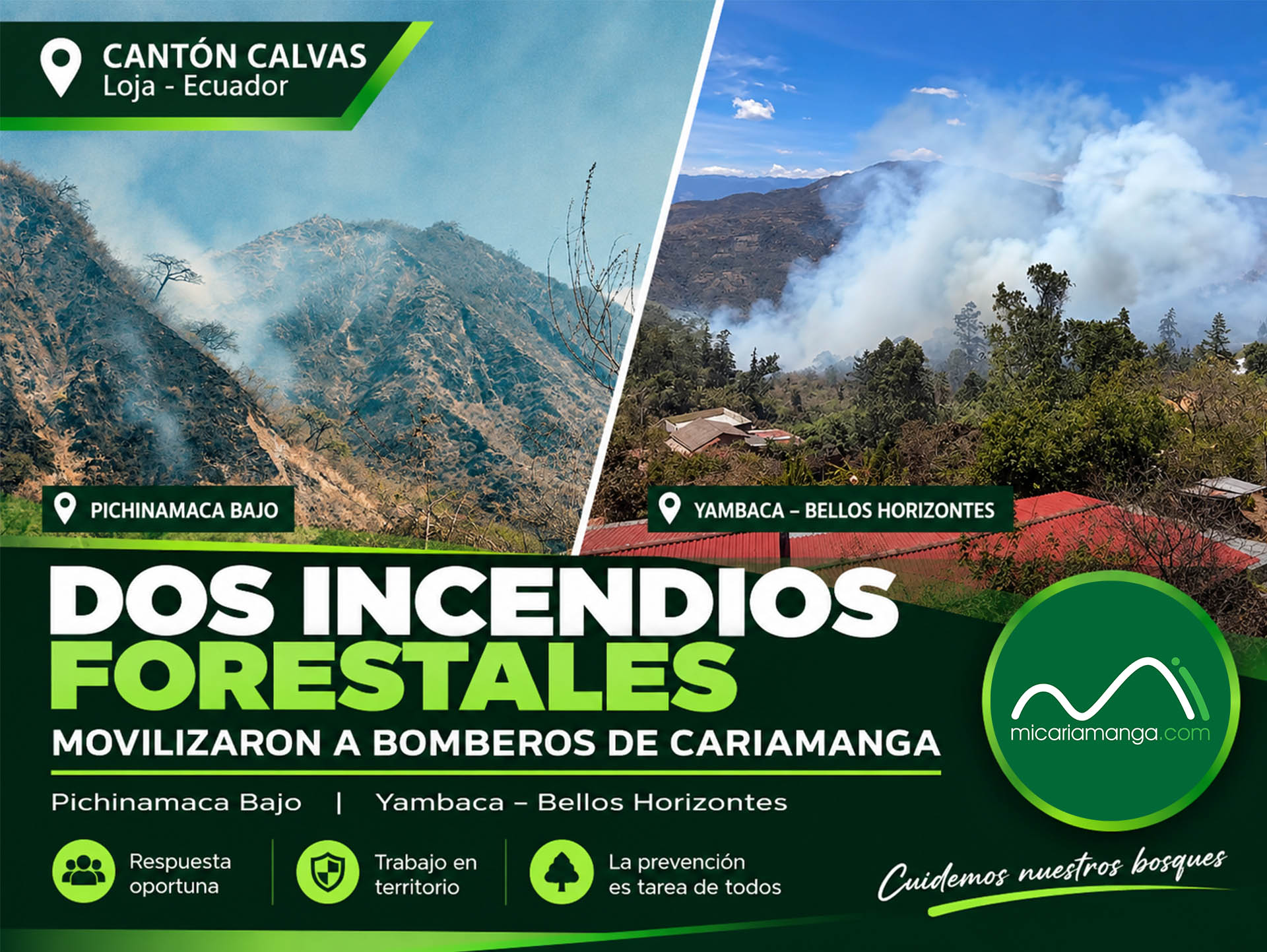 Bomberos Cariamanga atienden incendios forestales registrados en Yambaca y Pichinamaca Bajo, cantón Calvas