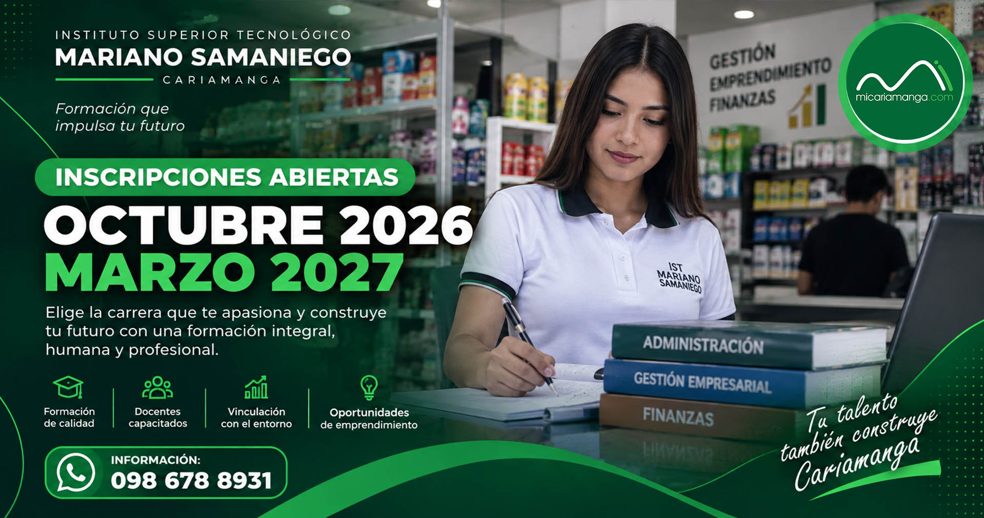 Campaña de inscripciones del Instituto Superior Tecnológico Mariano Samaniego para el período octubre 2026 marzo 2027