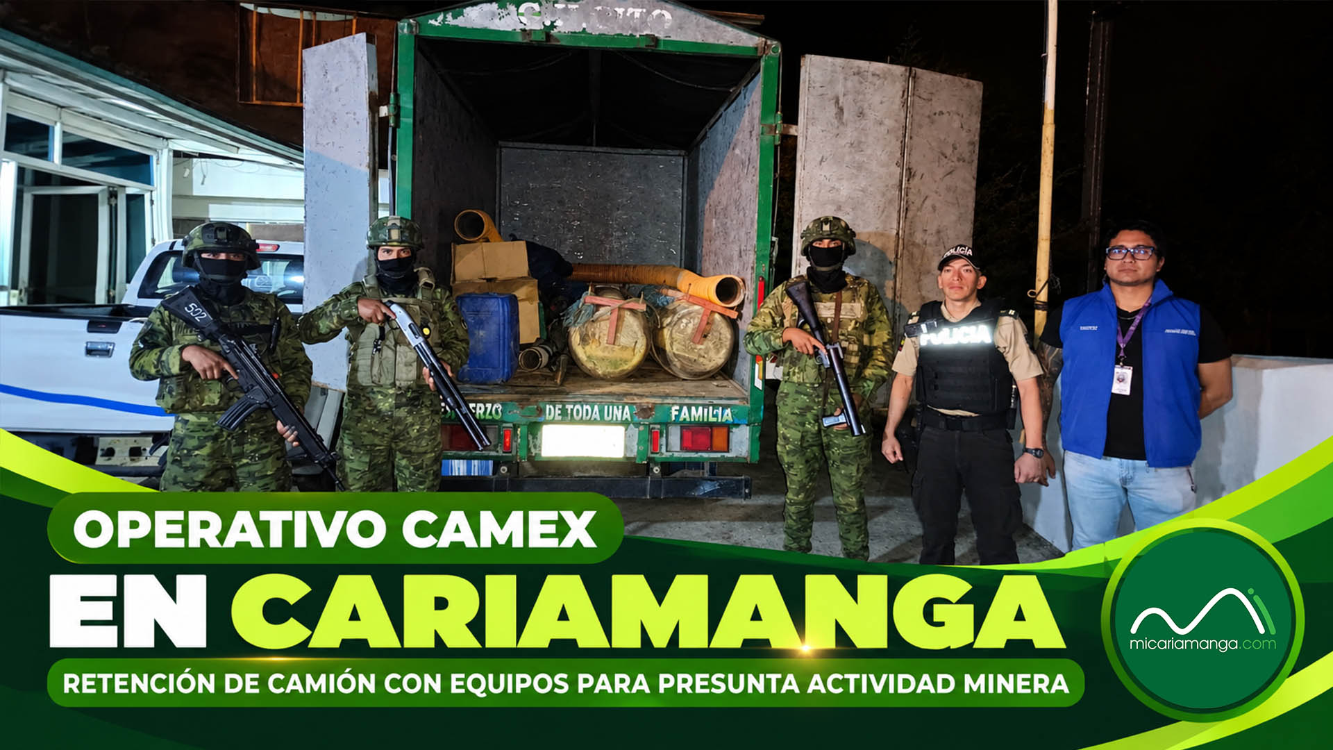 Operativo CAMEX realizado en la vía Cariamanga–Loja donde fue retenido un camión con implementos presuntamente destinados a actividades mineras.