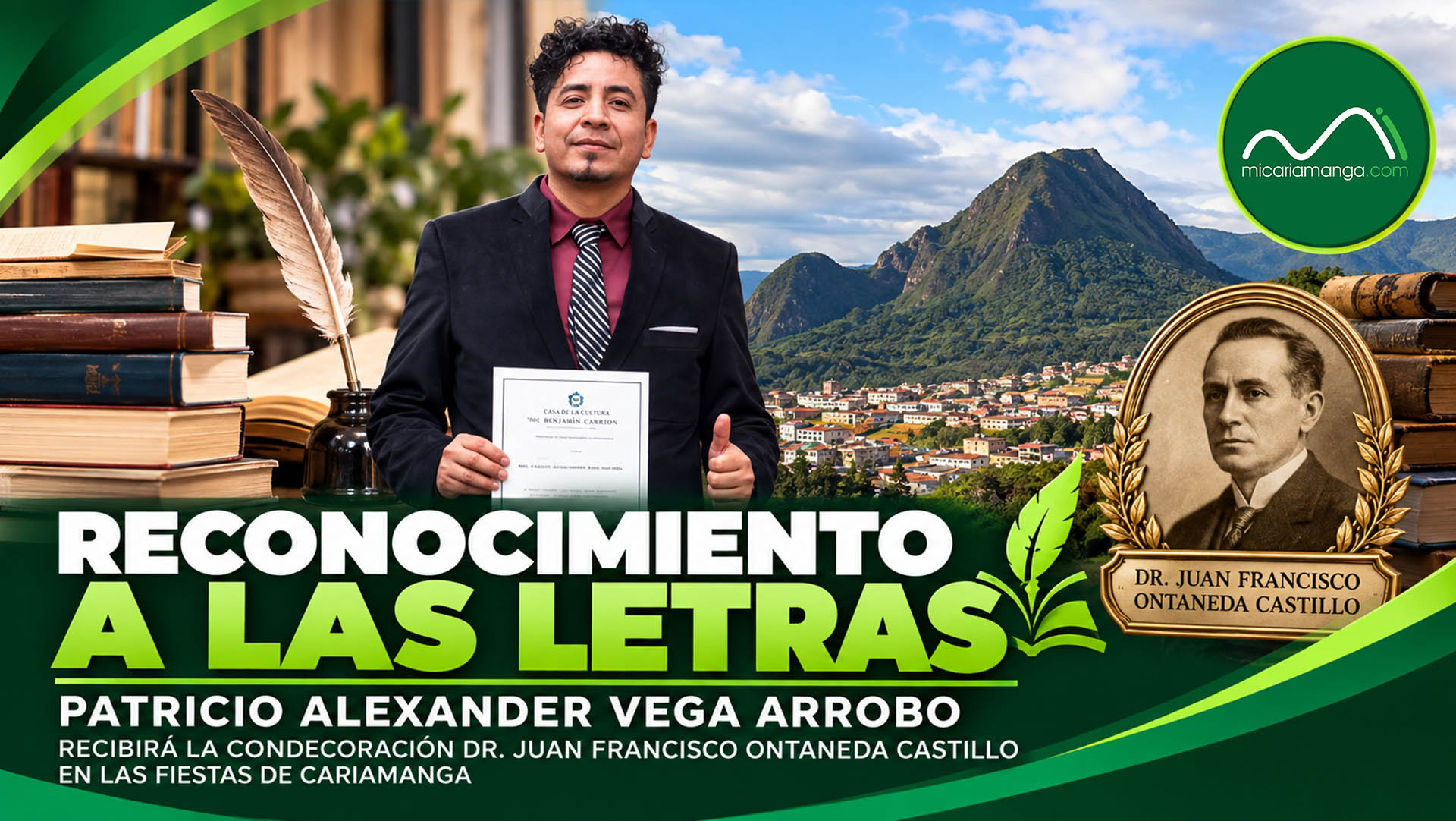 Patricio Alexander Vega Arrobo, escritor cariamanguense que recibirá la Condecoración Dr. Juan Francisco Ontaneda Castillo