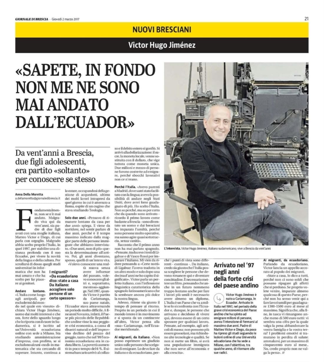 Publicación de Giornale di Brescia dedicada a Víctor Hugo Jiménez Pardo en marzo de 2017