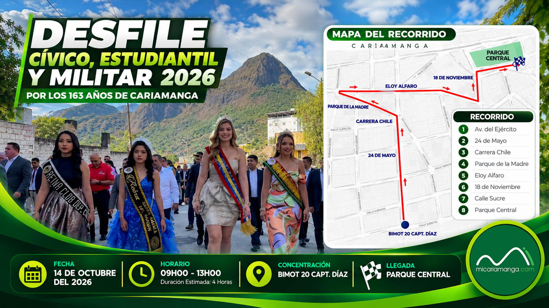 Mapa del recorrido del desfile cívico, estudiantil y militar del 14 de octubre de 2026 en Cariamanga, desde el BIMOT 20 hasta el Parque Central.
