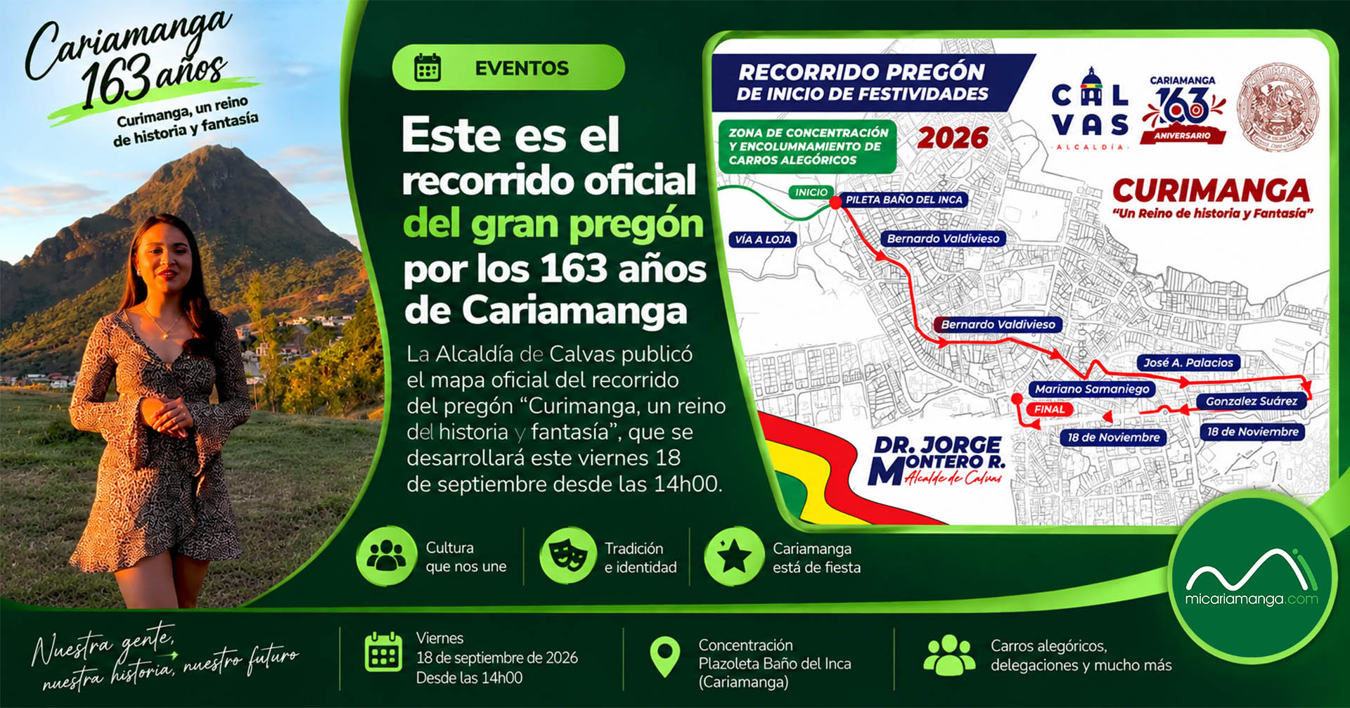 Mapa del recorrido oficial del gran pregón de Cariamanga previsto para el 18 de septiembre de 2026