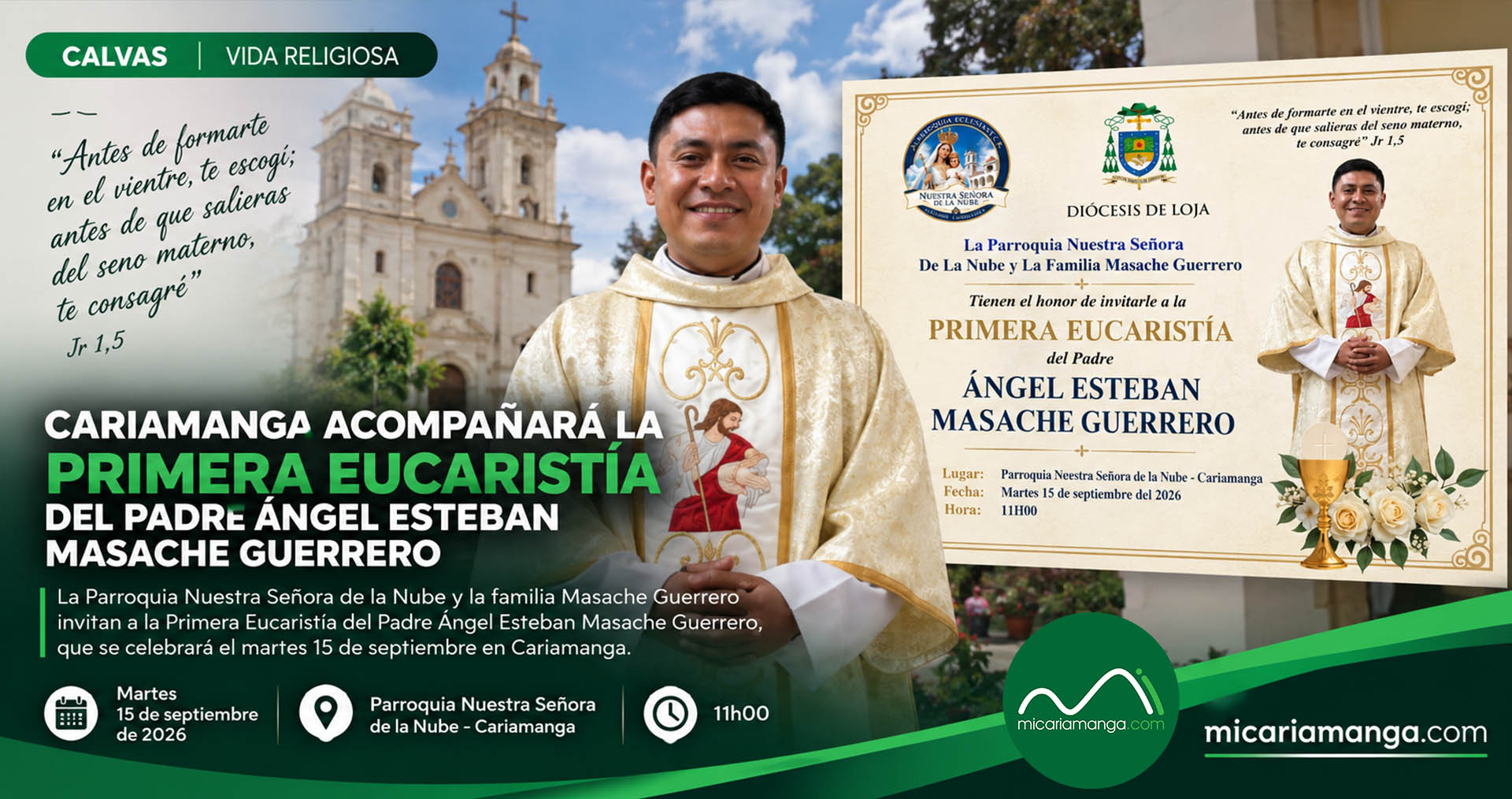 Cariamanga se prepara para la Primera Eucaristía del sacerdote calvense Ángel Esteban Masache Guerrero