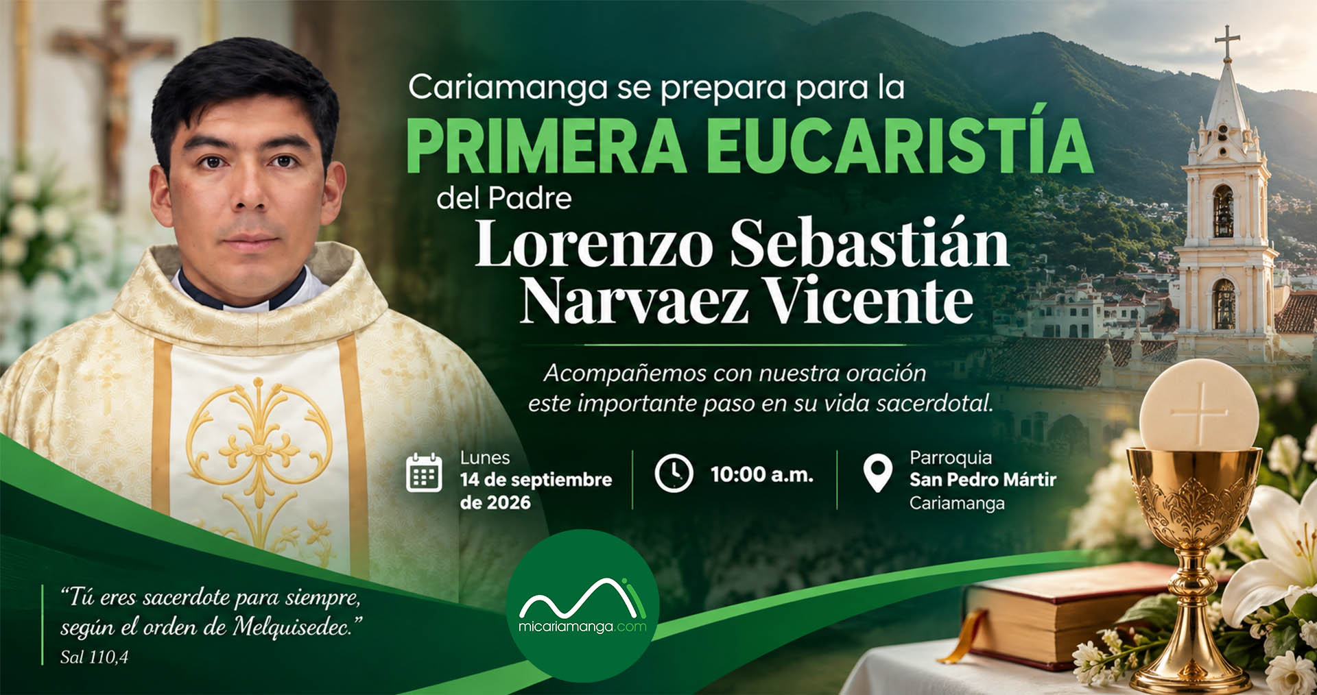 Padre Lorenzo Sebastián Narváez Vicente, quien celebrará su Primera Eucaristía en la Parroquia San Pedro Mártir de Cariamanga