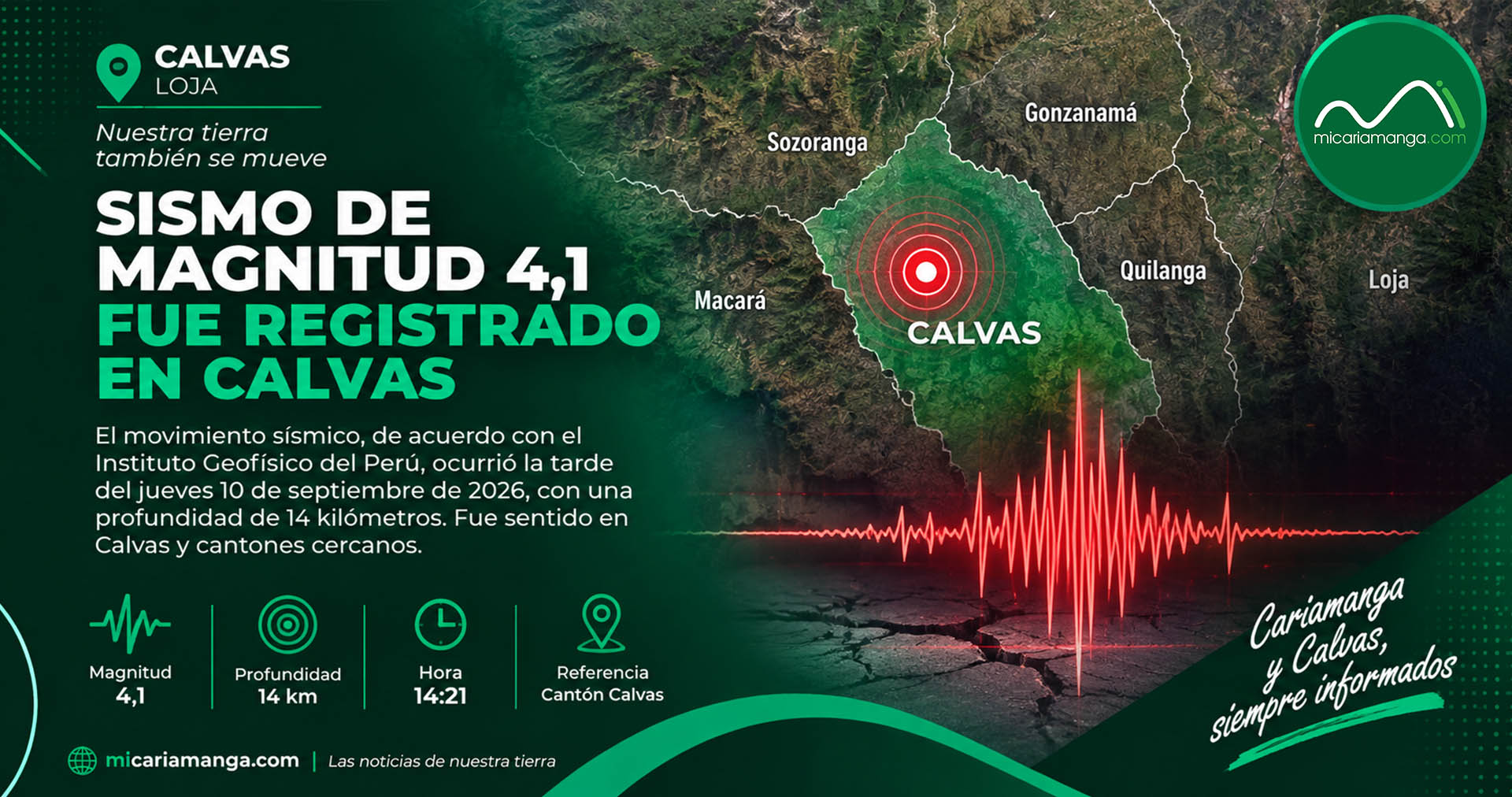 Gráfica informativa sobre el sismo de magnitud 4,1 registrado en el cantón Calvas
