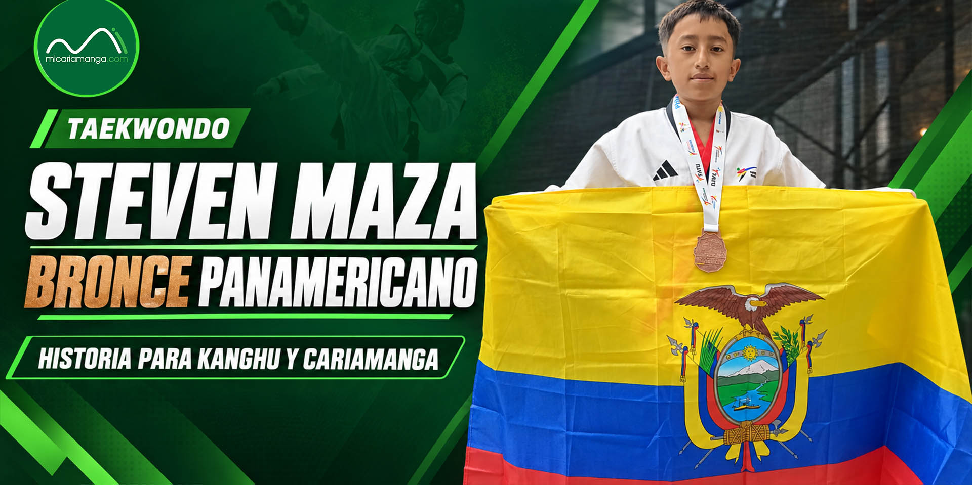 Steven Maza con su medalla de bronce obtenida en Poomsae durante el Campeonato Panamericano Infantil de Taekwondo en Quito