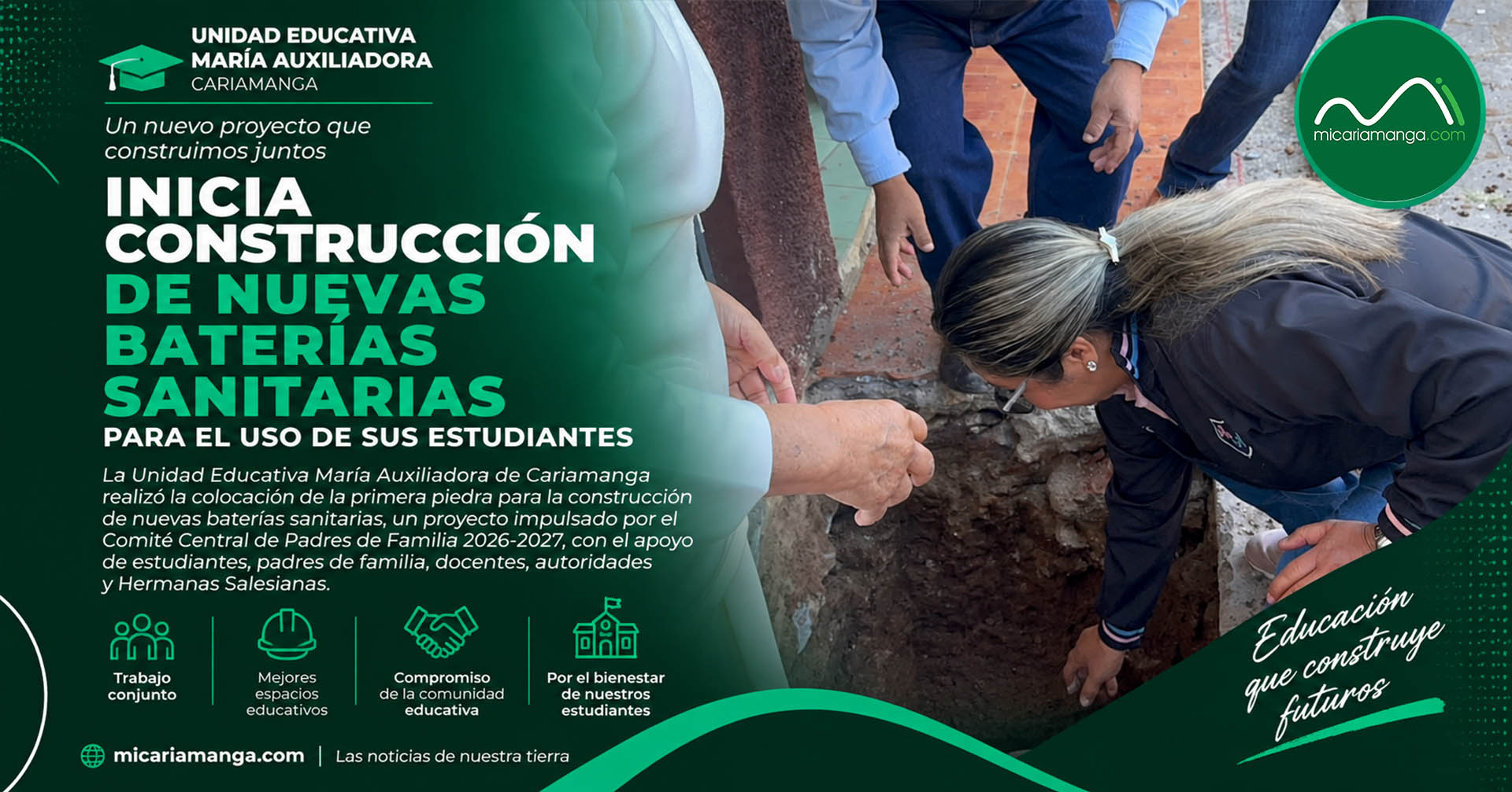 Colocación de la primera piedra para nuevas baterías sanitarias en la Unidad Educativa María Auxiliadora de Cariamanga